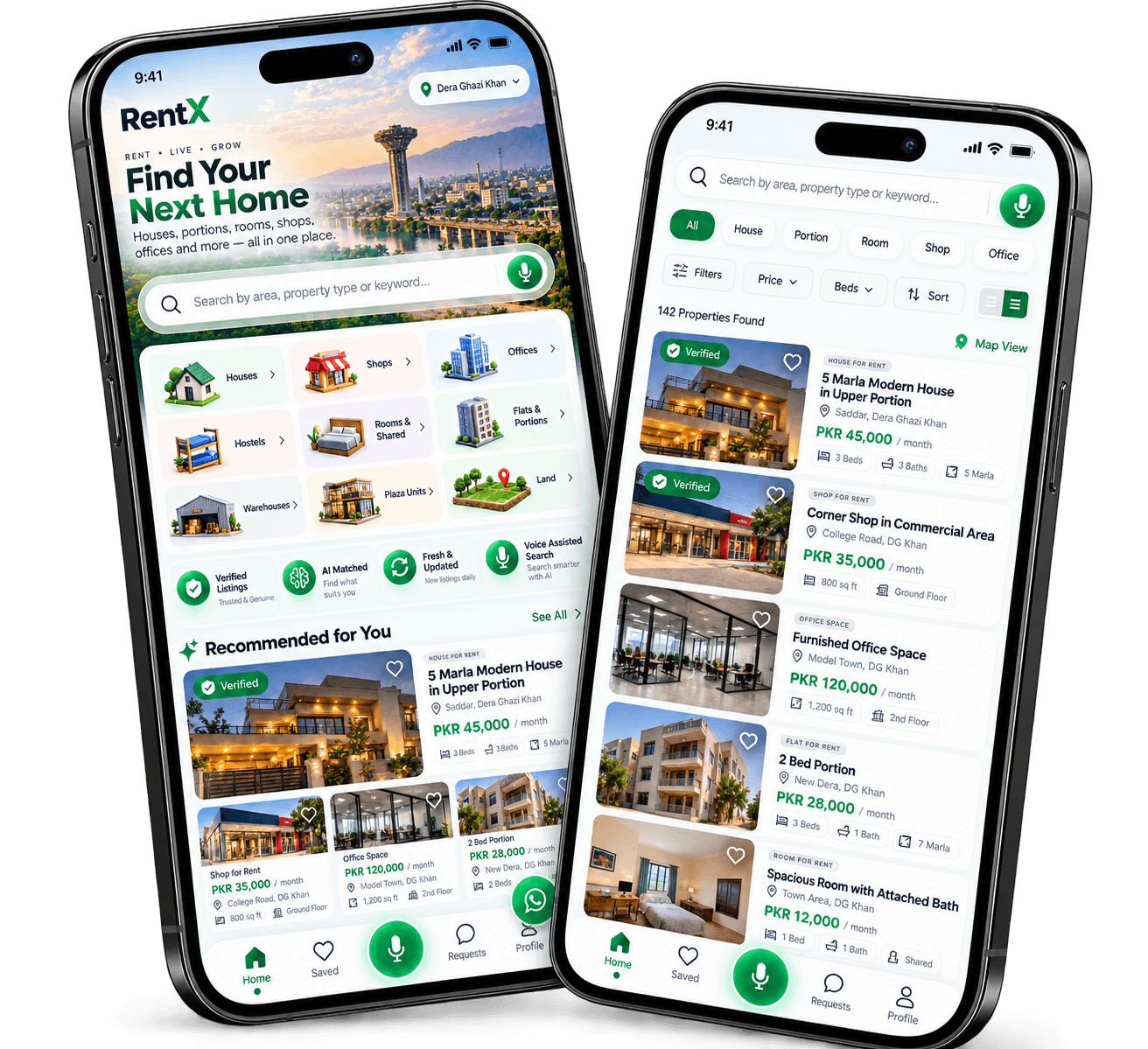 iRent mobile app showing property categories and listings