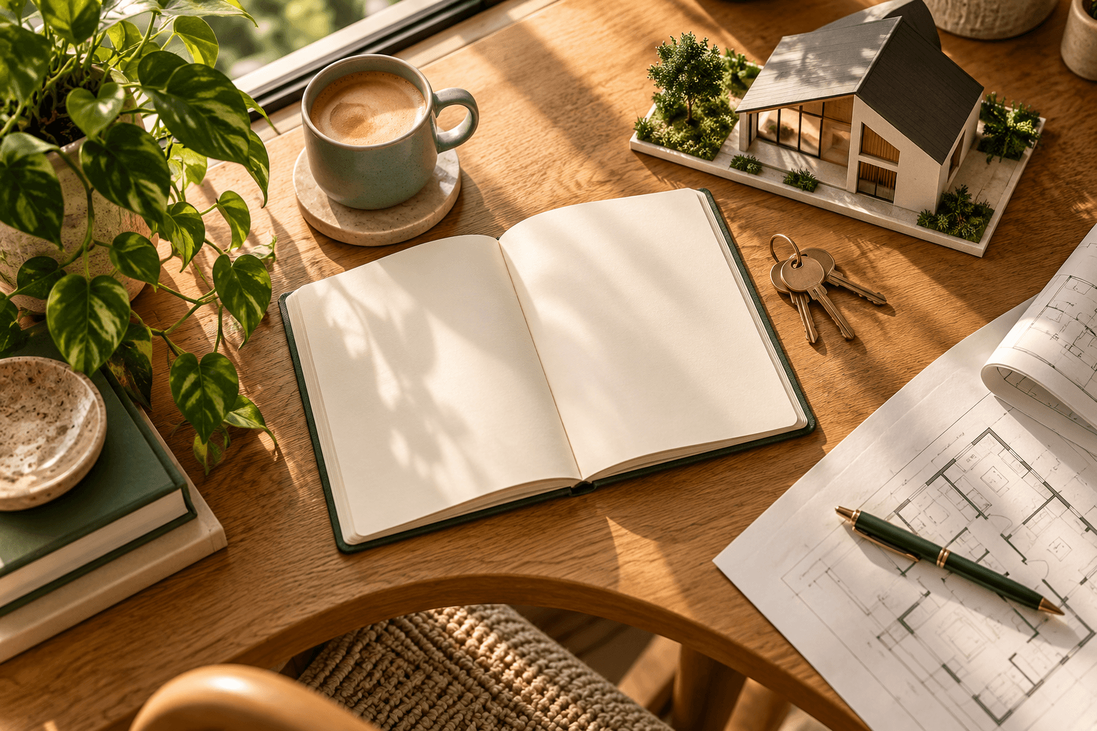 Property notebook, keys and a miniature house on a desk